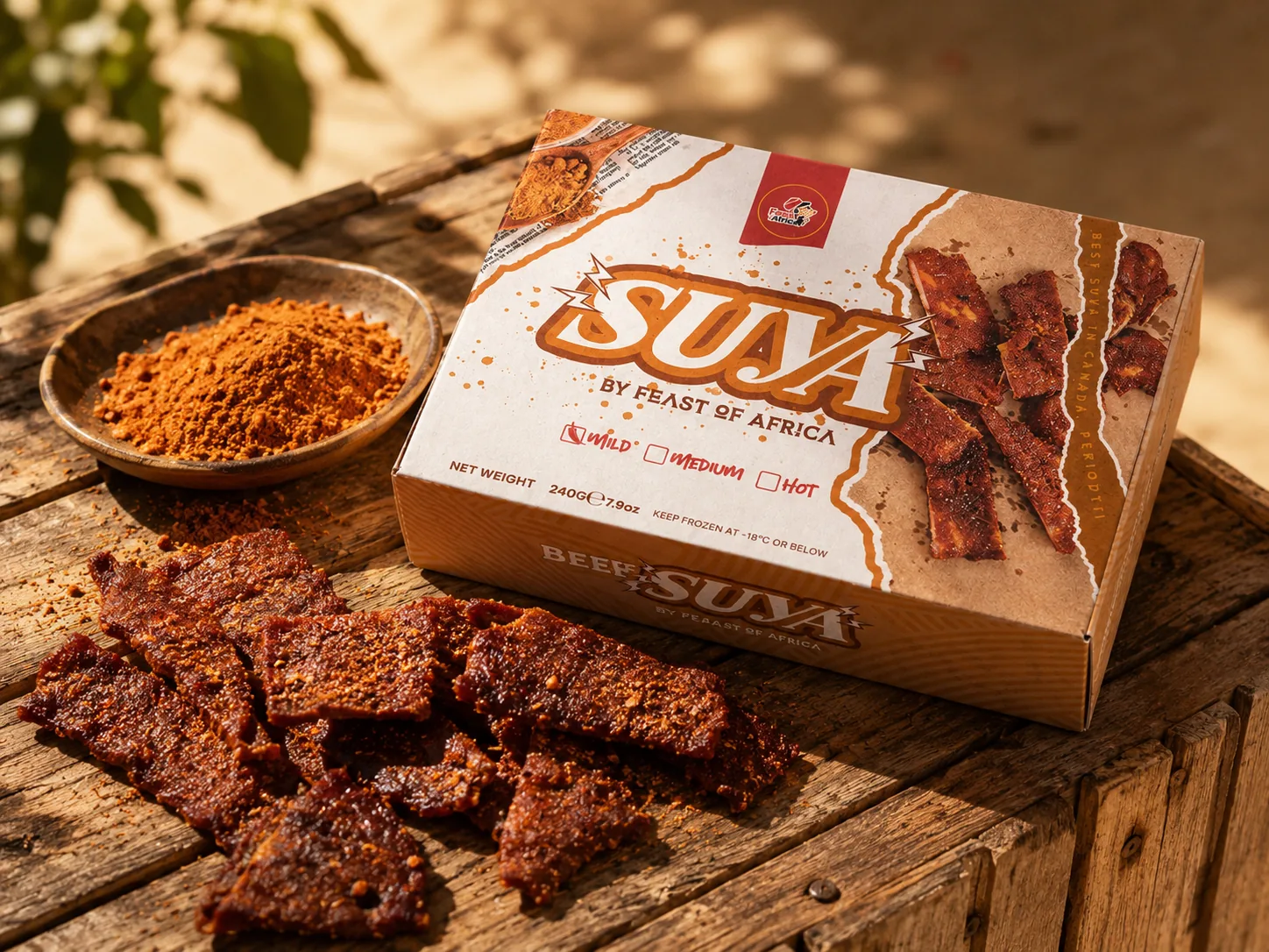 Feast of Africa beef suya, boxed and sliced